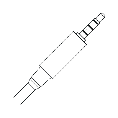 An example image of a 3.5 millimeter or eighth inch TS connector: a small cylindrical connector, ending with a very slight indent prior to a conical tip. It has a three insulating bands separating the tip, first ring, second ring, and sleeve of the connector.