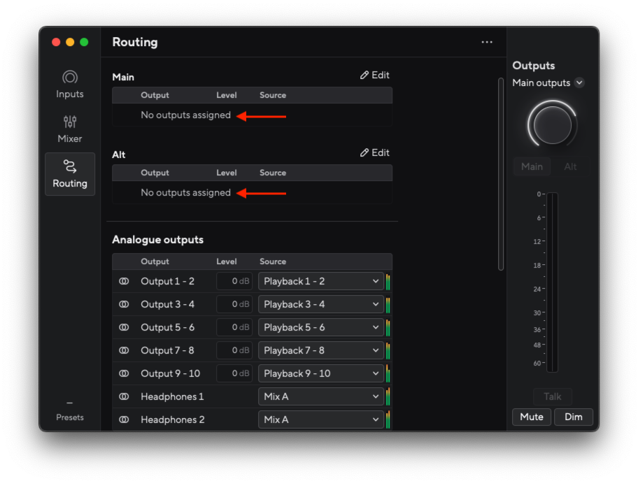 No Outputs Assigned Screenshot