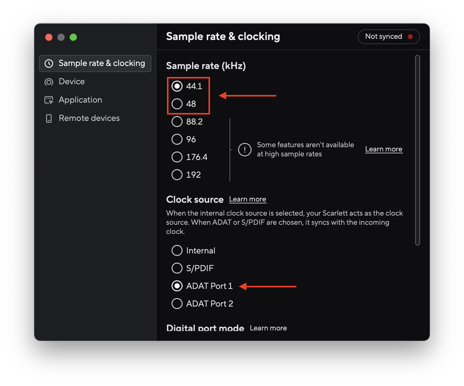 A screenshot of Device settings in Focusrite Control 2, showing a sample rate of 44.1 kilohertz selected, indicating that 48 kilohertz could also be selected, but not 88.2, 96, 176.4, or 192 kilohertz. Internal is selected from the four available clock sources: Internal, S/PDIF, ADAT Port 1, and ADAT Port 2. The selected Digital port mode is not visible, as it is not relevant to the expansion preamp setup.