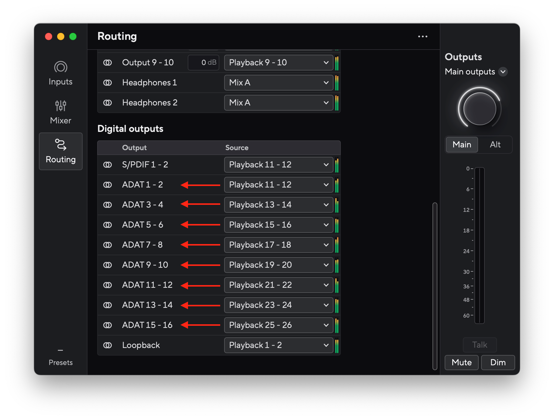A screenshot of the Routing section of Focusrite Control 2, showing the sources for Digital outputs ADAT 1 to 16 set to Playback 11 to 26.
