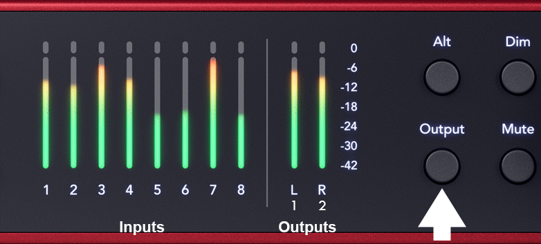 An image showing meters 1 to 8 on the front of the 18i20, along with the buttons to the right of the meters (top left: Alt, top right: Dim, bottom left: Output, and bottom right: Mute). When the Output button is off, meters 1 to 8 dispaly metering for analogue inputs 1 to 8. When the Output button is on, they show the metering for Outputs 3 to 10. The L and R meters to the right of this always display metering for Outputs 1 and 2.
