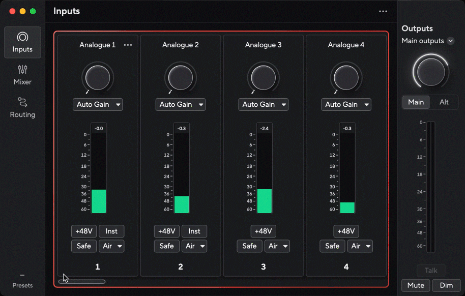 Focusrite Control 2の入力セクションを示すGIF。アナログ入力が表示され、メーターに信号が表示されています。 マウスカーソルがウィンドウを右にスクロールすると、ADAT入力のメーターが表示されます。