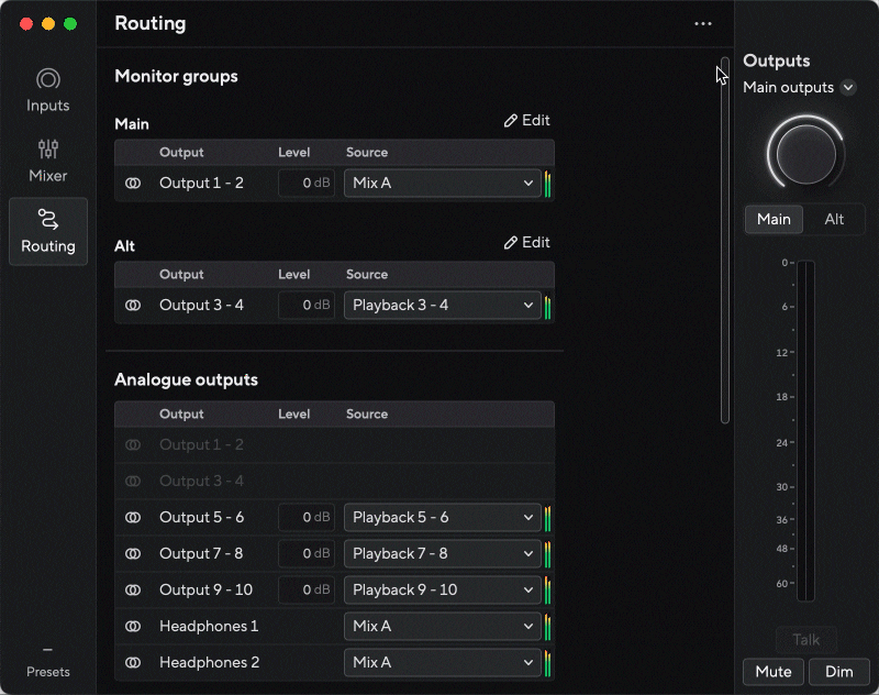 Focusrite Control 2のルーティングセクションを示すGIF。 各出力に送られる信号が表示され、マウスカーソルがアナログ出力を通り過ぎて下にスクロールすると、ADAT出力が表示されます。