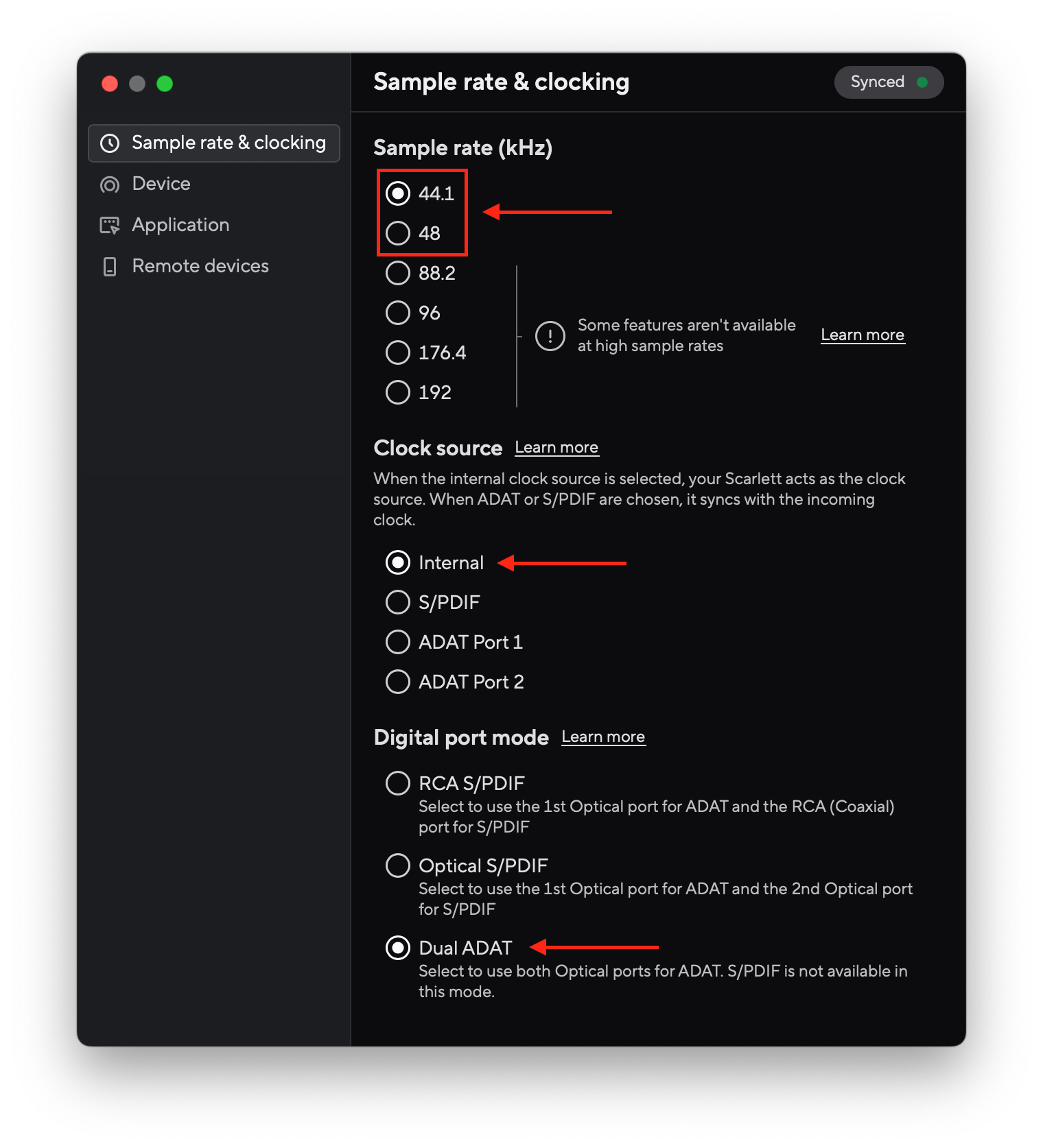 A screenshot of Device settings in Focusrite Control 2, showing a sample rate of 44.1 kilohertz selected, indicating that 48 kilohertz could also be selected, but not 88.2, 96, 176.4, or 192 kilohertz. Internal is selected from the four available clock sources: Internal, S/PDIF, ADAT Port 1, and ADAT Port 2. Dual ADAT is selected from the three available Digital port modes: RCA S/PDIF, Optical S/PDIF, and Dual ADAT.