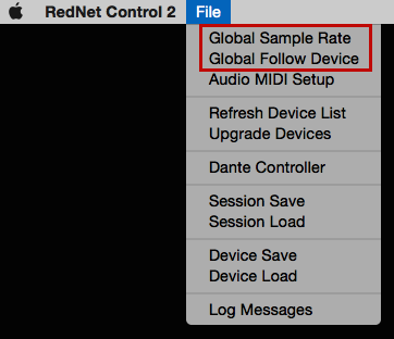Screenshot of RedNet Control file menu