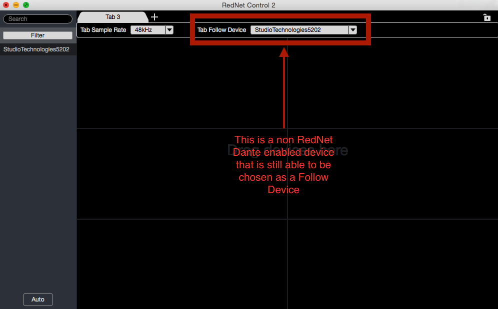 RedNet Controlでタブフォローとして選択された非RedNetデバイスを示すスクリーンショット