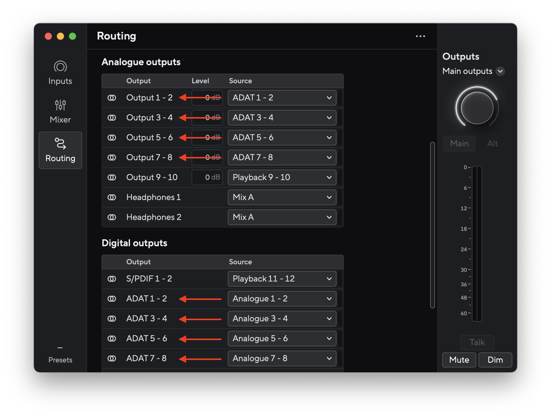 Focusrite Control 2의 라우팅 섹션 스크린샷으로, 아날로그 출력 1~8의 소스가 ADAT 1~8로 설정되어 있고, 디지털 출력 ADAT 1~8의 소스가 아날로그 1~8로 설정되어 있습니다.