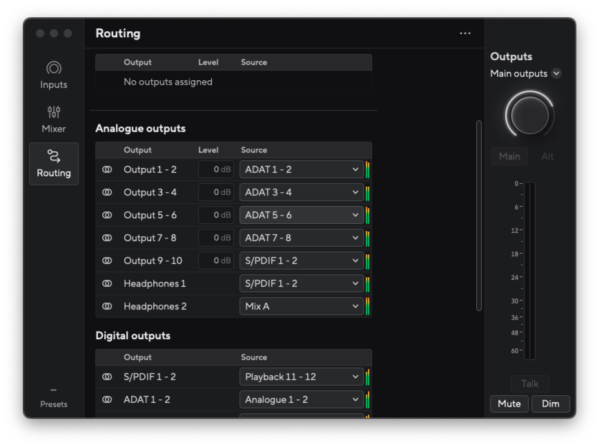 ADAT에서 아날로그로 라우팅 스크린샷