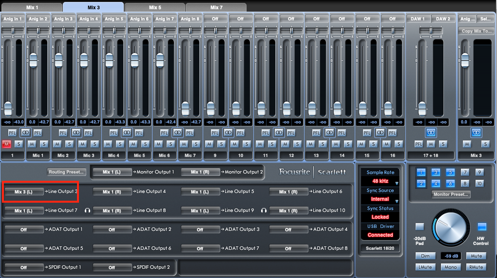 saffire mixcontrol audio through one ear