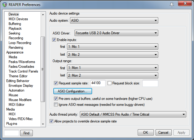 Device setting. Reaper ASIO. Reaper preferences Audio. Reaper редактор аудио и Midi. ASIO Driver for Windows 10 последняя версия.