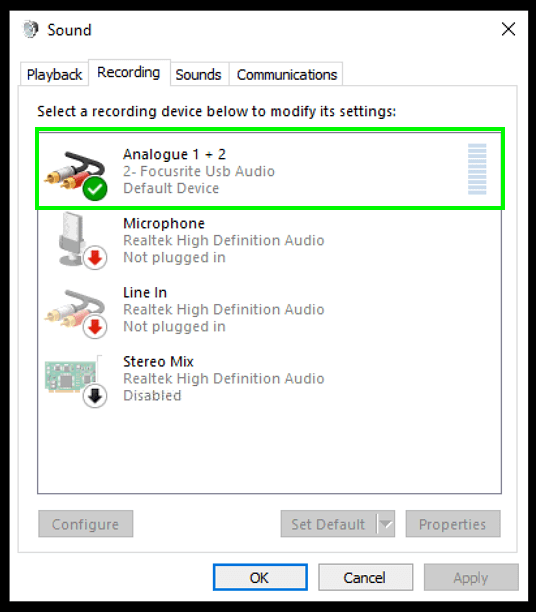 settings for focusrite usb asio