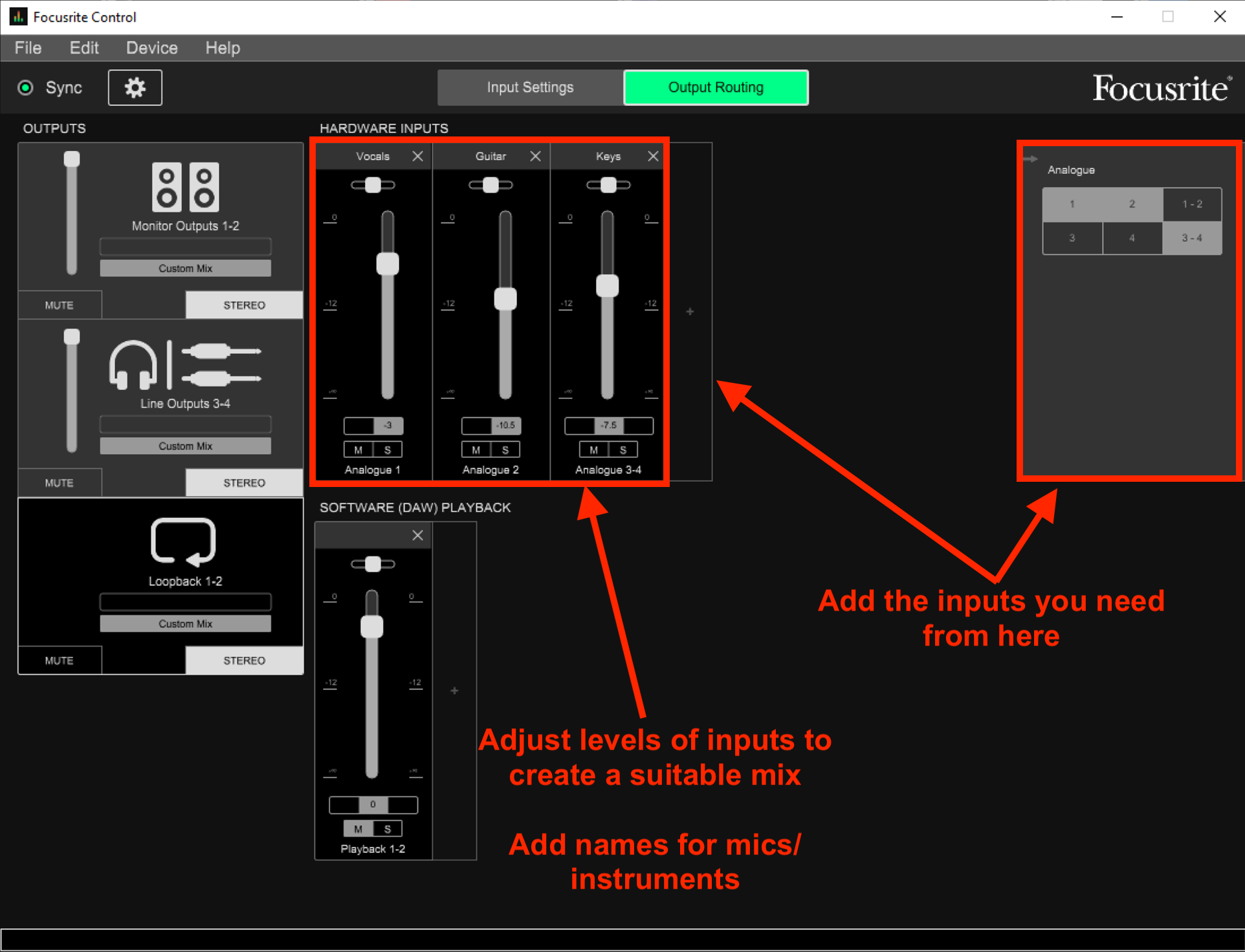 set up outputs for focusrite usb asio