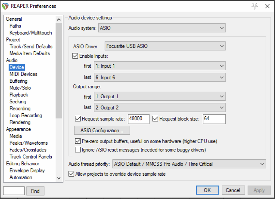 Reaper Setup Guide – Focusrite
