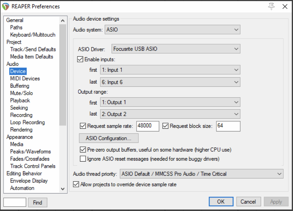 settings for focusrite usb asio