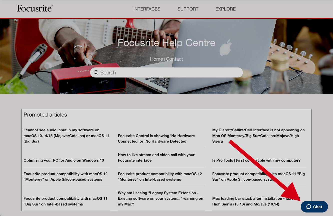 The Focusrite home page with the dynamic 'chat' widget in the bottom right corner.